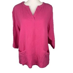 Soft Surroundings Small Pink Gauze V Neck 3/4 Sleeve Pockets Casual Lightweight